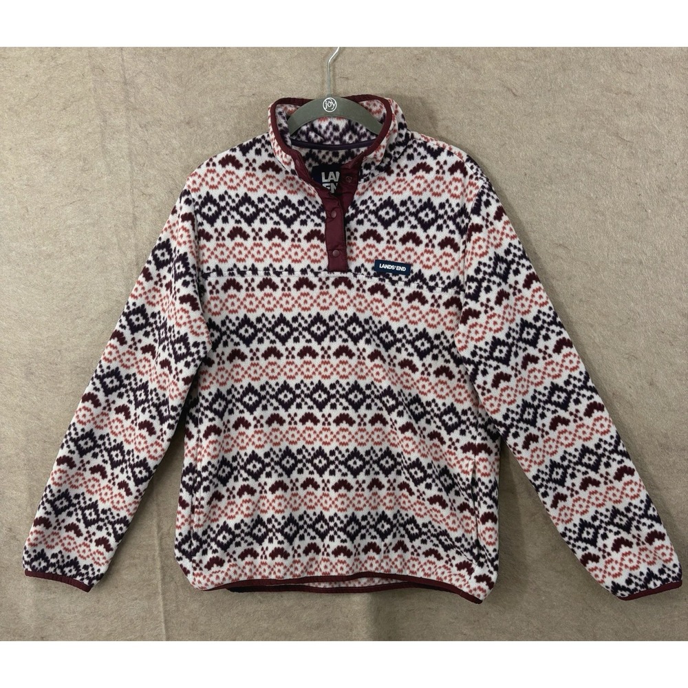 Lands' End Heritage Fleece Pullover Womens Sz M (10-12) Cream Burgundy Pockets